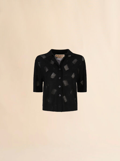 Black wool-silk knit openwork shirt - Shirts