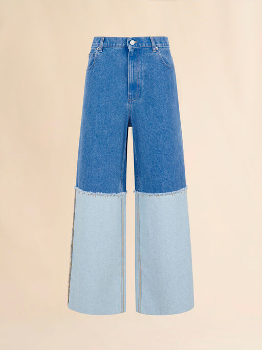 Wide-leg blue denim jeans with extra high cuffs - Pants