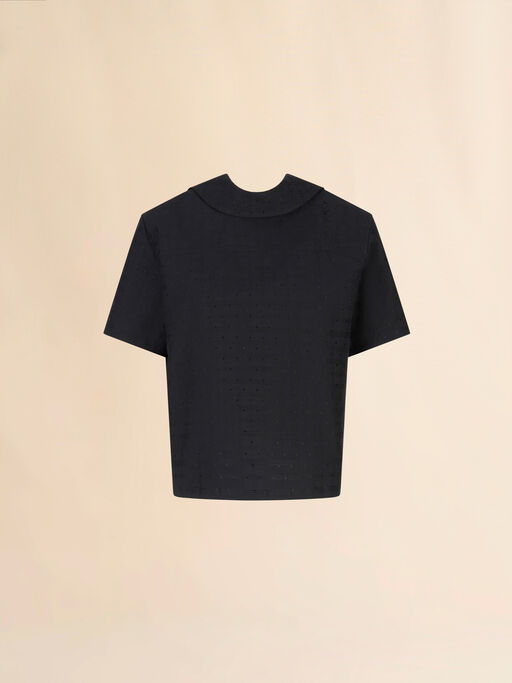 Black cotton-viscose back-to-front shirt top with check and dots jacquard motif - Shirts